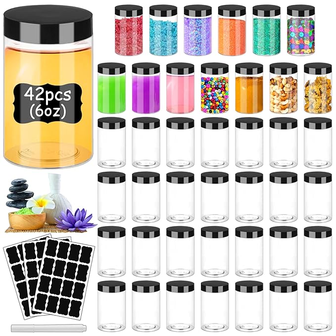 Plastic Jars with Lids 6OZ 42PCS,Small Cosmetic Slime Containers Clear Travel Round Jars Empty Refillable Sample Containers Leak Proof Pot with Black Lids for Lotion, Cream, Body Scrub