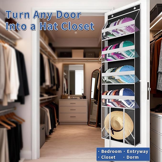 Over The Door Hat Organizer for Baseball Caps - Holds up 60 Hat Rack with Extra Large Row for Cowboy, Hat Storage for Closet, Bedroom, Cabinet, Space Saving Hanging Holder, Scarves, Accessories
