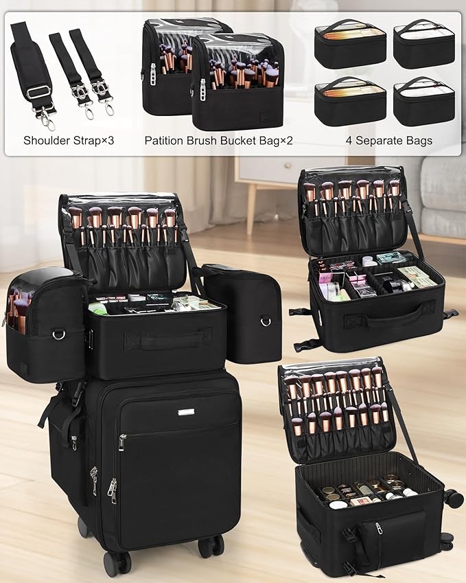 Relavel Rolling Makeup Case Professional Makeup Train Case, Makeup Brush Bag Makeup Artist Travel Bag with Wheels, 4-in-1 Portable Travel Beauty Trolley Case for Cosmetology Storage(Black)