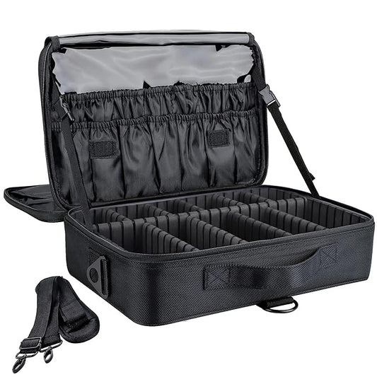 gzcz Travel Makeup Bag,Professional Cosmetic Bags for Women,Portable Makeup Brush Case Organizer Storage with Adjustable Dividers and Shoulder Strap (Medium)