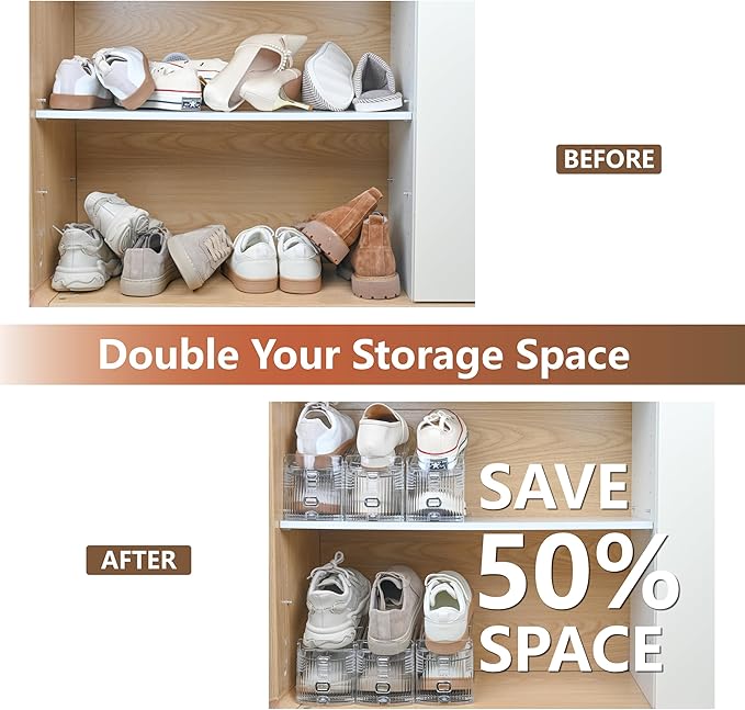 12-Pack Shoe Slots Organizer for Closet, Adjustable Shoe Stacker & Space Saver, Clear Double Deck Shoe Storage for Small Spaces, Transparent
