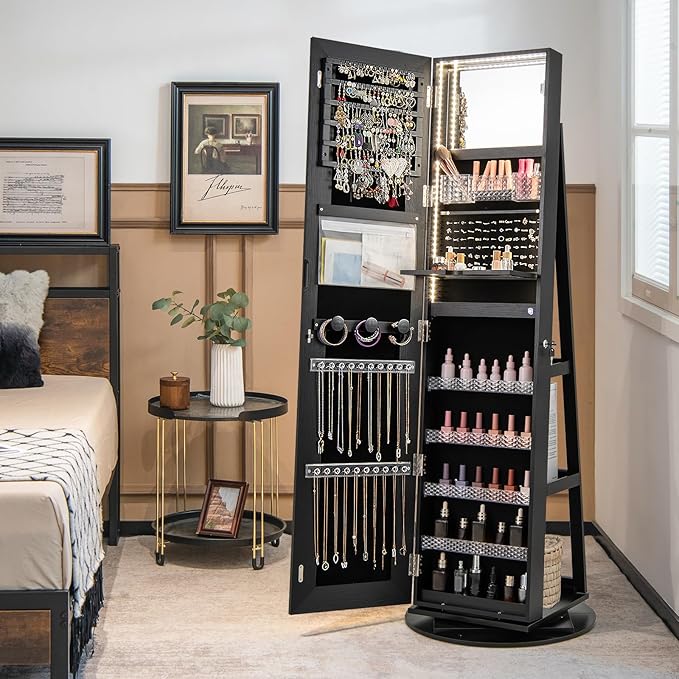 CHARMAID Swivel LED Mirror Jewelry Cabinet Armoire, Full Length Mirror with Storage, 3 Color & Adjustable Lights, Lockable Standing Jewelry Organizer with Lighted Mirror (Black)