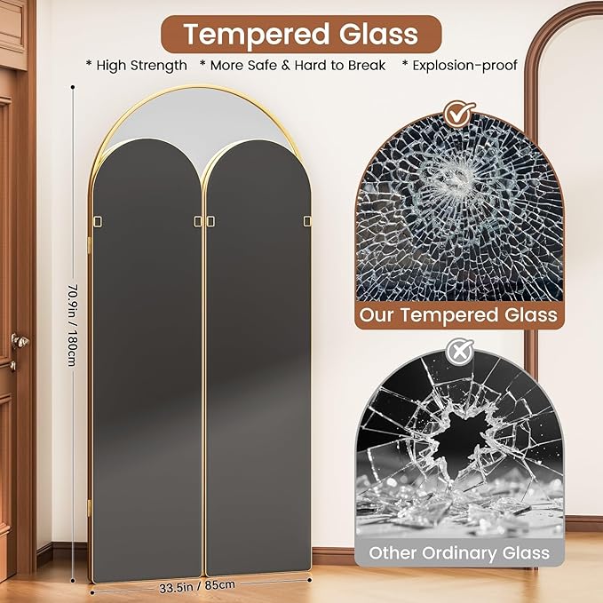 3 Way Arched Full Length Mirror Free Standing, 71"x 67" Large Modern Trifold Mirror, 3-in-1 Detachable Panel Tempered Glass & Metal Frame, for Dressing Room, Bridal Shop,Clothing Store (Gold)