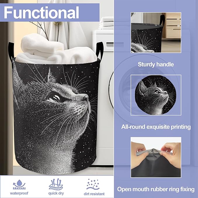 Cute Black Cat Laundry Hamper Large Canvas Fabric Lightweight Storage Basket/Dirty Clothes Collapsible Waterproof for College Dorms, Boys and Girls Bedroom,Bathroom
