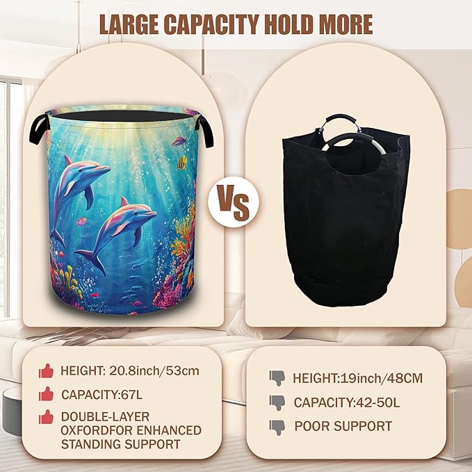 Dolphin Ocean Floating Laundry Basket,Waterproof Foldable Laundry Hamper,Dirty Clothes Basket, Linen Bin Storage Organizer Collection 16" x 20.8"