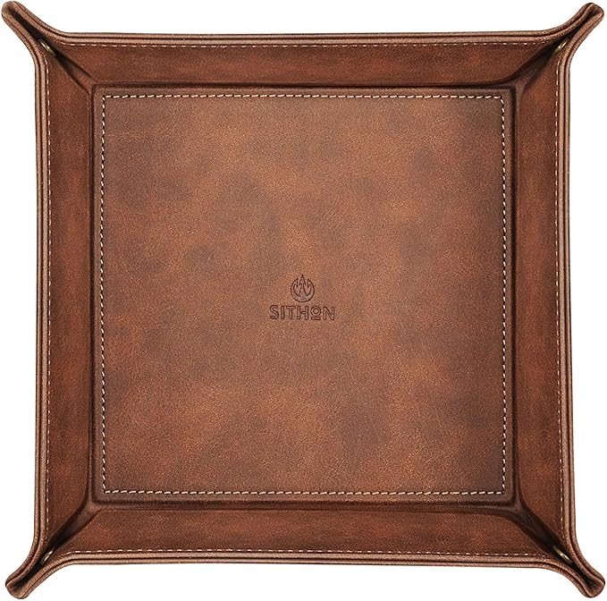 SITHON Valet Tray Desktop Storage Organizer – Premium PU Leather Catchall Bedside Vanity Tray Nightstand Caddy Holder for Remote Controller, Keys, Phone, Wallet, Coin, Jewelry, Brown