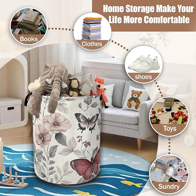 Butterfly Botanical Plant Flower Laundry Basket,Waterproof Foldable Laundry Hamper,Dirty Clothes Basket, Linen Bin Storage Organizer Collection 16" x 20.8"