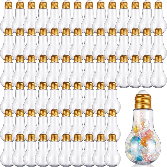 Juexica 108 Pieces Plastic Fillable Light Bulb Ornaments Clear Empty Lightbulb Containers Small Candy Bottles Drink Cups Decorative Jars for Crafts Gifts Party Favors 100 ml(Gold Cap)