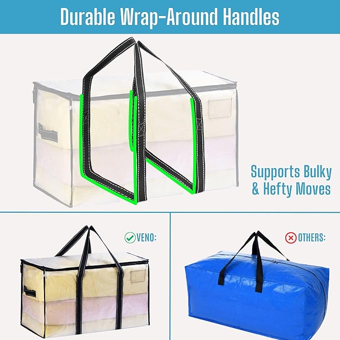VENO 4 Pack Moving Bags & Large Christmas Storage Bins with lids for Decorations, Garland, Lights. Moving Boxes Packing Supplies for College Dorm. Extra Large Heavy Duty Totes (Clear-4 Pack)