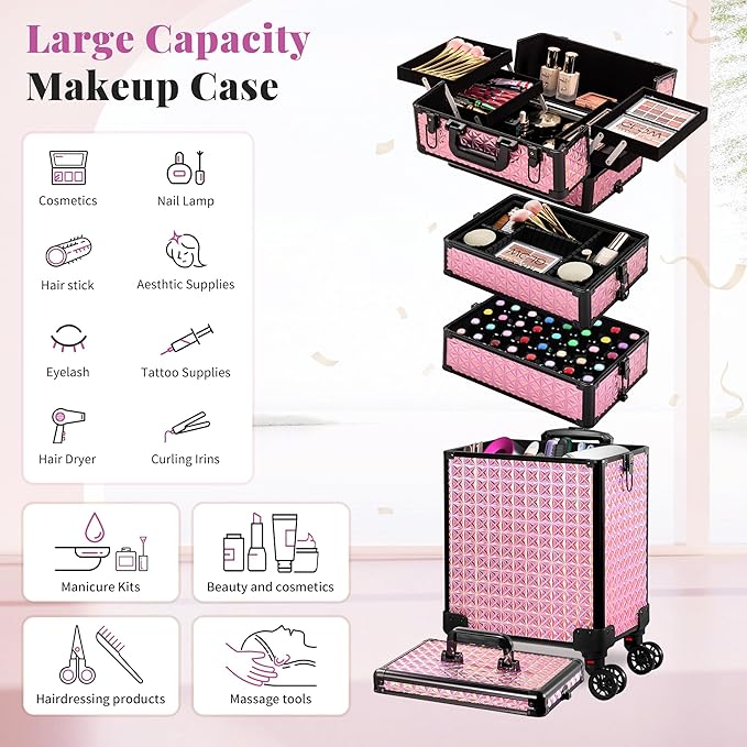 AROUS 5 in 1 Rolling Makeup Train Case Cosmetology Case on Wheels Large Cosmetic Organizer Travel Cart for Hairstylist Artist Nail Beauty Salon Barber,Pink