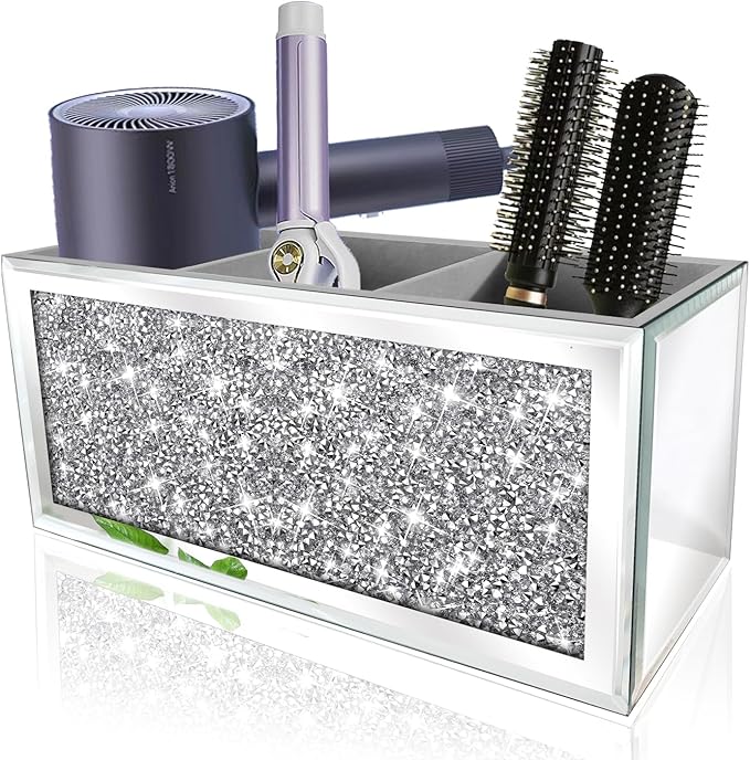 Mirror Hair Dryer Holder. Crystal Crush Diamond Hair Tool Organizer Wall Mount. Silver Bathroom Cabinet Tray for Blow Dryers, Hairdryer Straightener, Brushes and Combs.(10.5”x4”x5”)