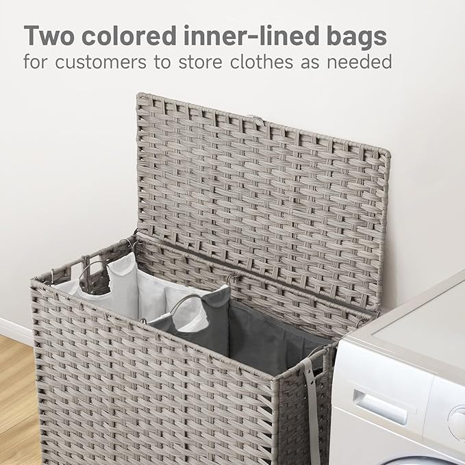 Laundry Hamper with Wheels, 39.6 Gallon(150L) Rolling Laundry Basket with Lid, Removable Large 2 Color Liners & 3 Mesh Laundry Bags, Clothes Hamper with Side Pocket, Grey