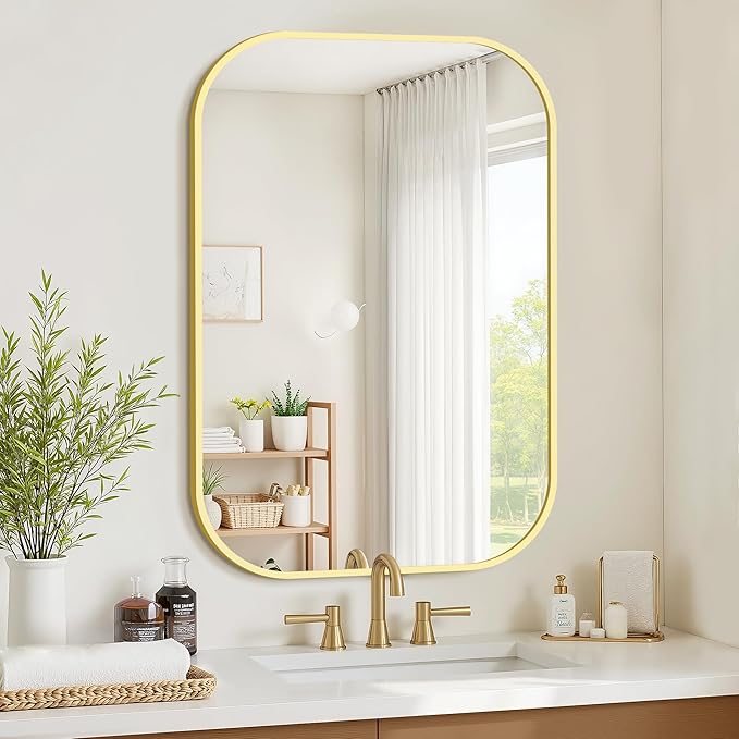 Bathroom Mirror for Wall, Gold Bathroom Vanity Mirror for Over Sink 24 x 36, HD Reflection Shatterproof Mirror for Living Room Bedroom Entryway, Metal Frame Rectangular Shape