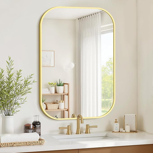 Bathroom Mirror for Wall, Gold Bathroom Vanity Mirror for Over Sink 24 x 36, HD Reflection Shatterproof Mirror for Living Room Bedroom Entryway, Metal Frame Rectangular Shape