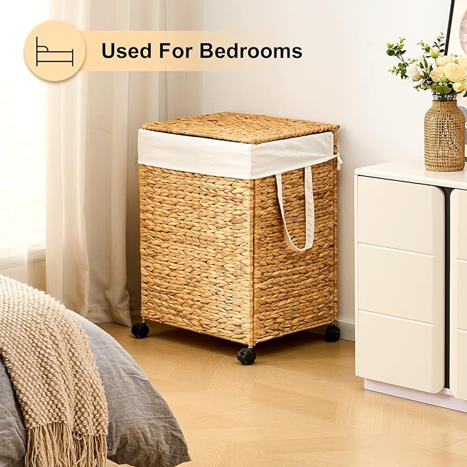 Laundry Hamper with Lid, Large Capacity Woven Natural Water Hyacinth Laundry Sorter with Removable Liners, Rolling or Non-Slip Design for Bedroom (Natural, 100L)