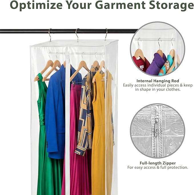 Garment Bag - Clear Hanging Closet Organizer - Durable Zippered Cover with Rod Protects Dresses, Suits, and Jackets from Dust and Moist- Top Metal Frame to Keep All Your Stuff in Shape- 54" x 20" x 15