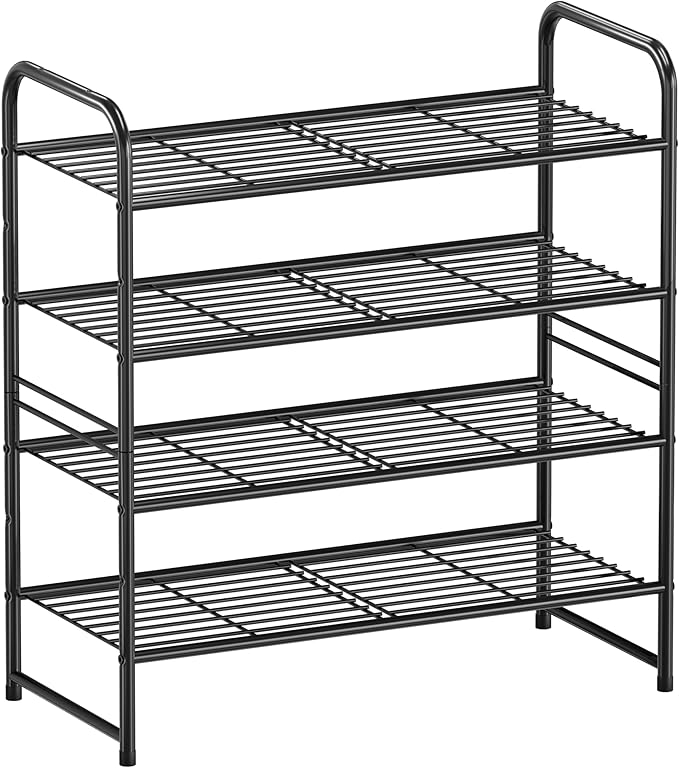 Shoe Rack Metal, Closet Shoe Organizer 4 Tier, Stackable & Adjustable, Black