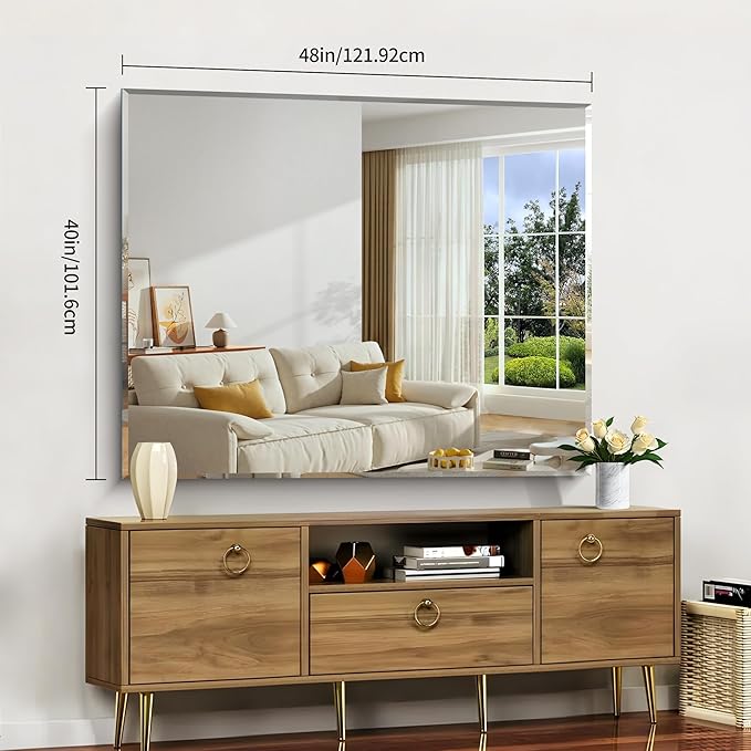 CILIBER Beveled Bathroom Mirror, 40x48 Inch Large Frameless Mirrors for Wall, Upgraded Shatterproof Rectangle Beveled Vanity Mirror Hangs Horizontally/Vertically for Bedroom, Living Room and Entryway