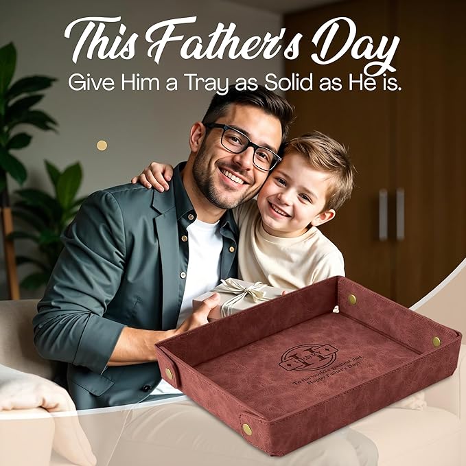 Engraved Father’s Day Leather Valet Tray – Personalized Light Coffee Catchall with Custom Name – Men’s Desk Organizer for Keys, Wallet, Watches, and Jewelry – Unique Gift from Daughter or Son