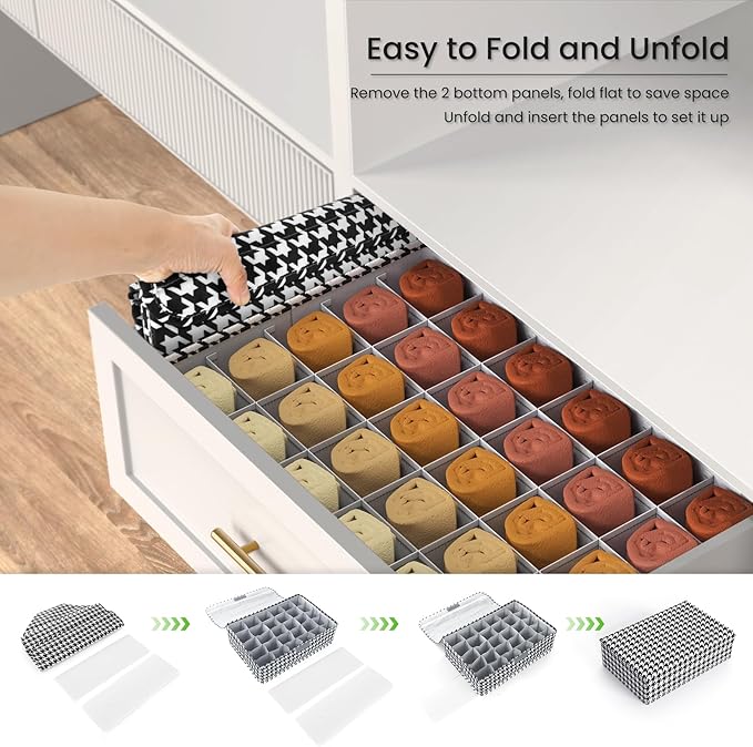 MURRI&MURRDI Socks and Underwear Storage Box for Closet with Lids, Foldable Closet Drawer Organizer 30 Cells Drawer Divider 2 Packs, Foldable Linen Storage Bin for Ties Scarves (2 Houndstooth)