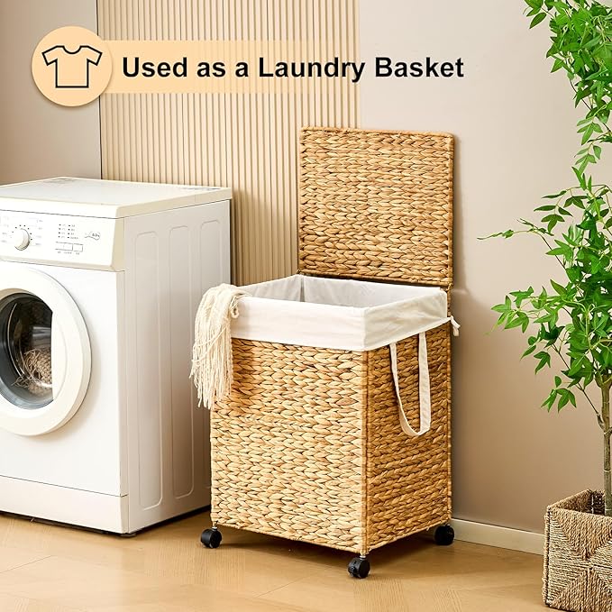 Laundry Hamper with Lid, Large Capacity Woven Natural Water Hyacinth Laundry Sorter with Removable Liners, Rolling or Non-Slip Design for Bedroom (Natural, 100L)