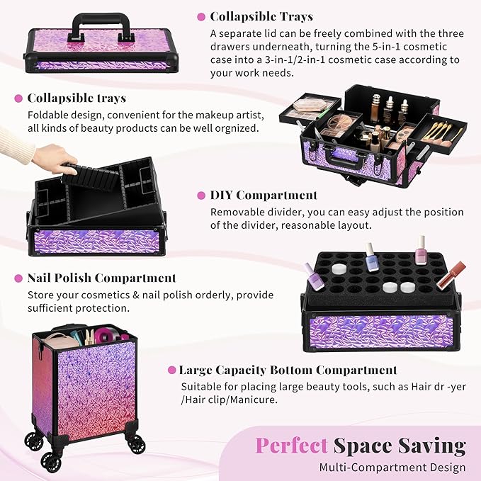 Profesional Rolling Makeup Train Case with Lid, 5 in 1 Cosmetology Case on Wheels, Large Cosmetic Trolley Organizer Travel for Hairstylist Artist Nail Beauty Salon Barber, Gravel Pink