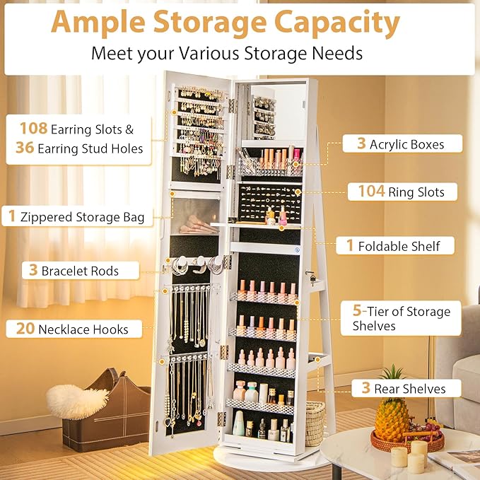 GOFLAME 360° Swivel Jewelry Cabinet Armoire with Full Length Mirror, Standing Jewelry Storage Organizer with Rear Storage Shelves, 3-Color LED Lights, Foldable Shelf, Interior Mirror, White
