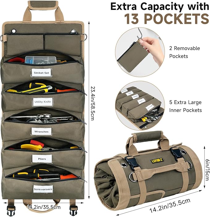 Tool Bag,Large Roll Up Tool Bag Organizer,13 Pockets Tool Roll Storage Pouch,Heavy Duty Portable Tool Storage Carrier Bag for Men,Mechanic,Electrician & Hobbyist,Olive Green