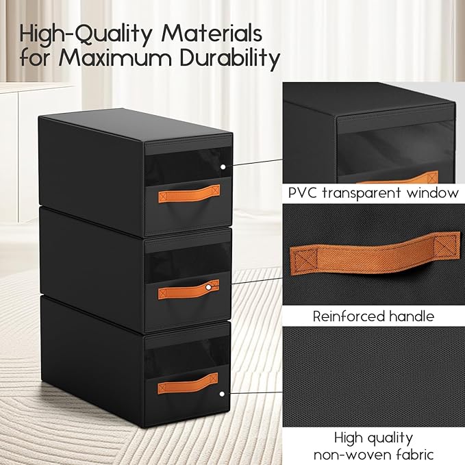 Hat Organizer for Baseball Caps - 3 Pack Pull-Out Drawer Hat Storage Organizer Box with Clear Window, Stackable Closet Cap Holder, Baseball Cap Organizer for Closet, Bedroom, Home, Black