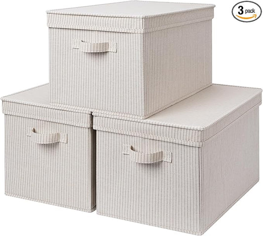 StorageWorks Storage Bins with Lids, Decorative Storage Boxes with Handles, Foldable Storage Baskets for Closet, Shelves, Stackable, Khaki Stripe, Jumbo, 3-Pack