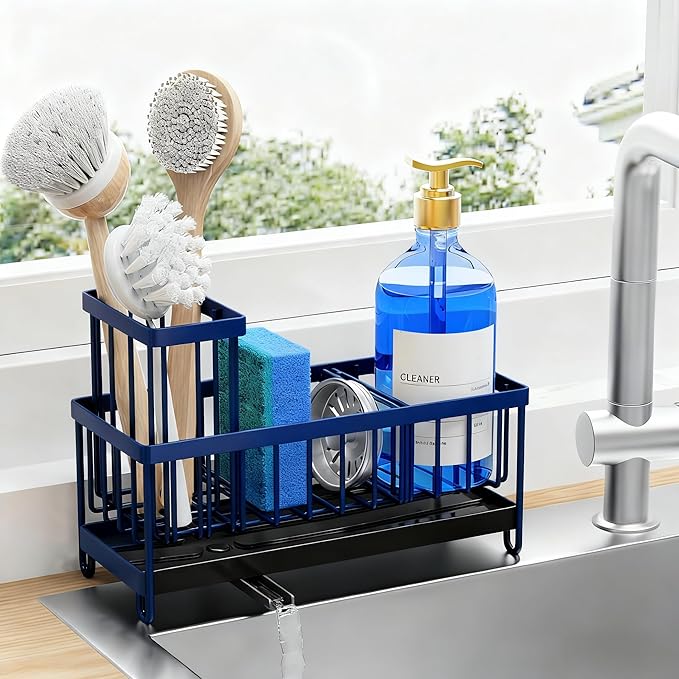 Cisily Sponge Holder for Kitchen Sink, Sink Caddy Organizer with High Brush Holder, Kitchen Countertop Organizers and Storage Essentials, Rustproof 304 Stainless Steel (Navy Blue, 9.25″)