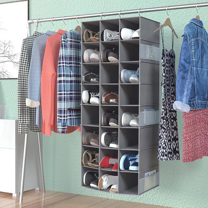 coastal rose Hanging Shoe Organizer for Closet, 24 Sections Shoe Holder Hanger Rack, Space-Saving Shoe Organizers and Storage, Grey