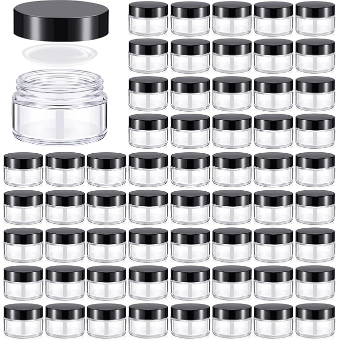 Domensi 100 Pcs 1 oz Glass Jars with Lids Bulk Round Glass Cosmetic Jars for DIY Lip Balm Small Travel Containers with Inner Liner for Lotions Powders Ointments Sample Cream(Clear, Black)
