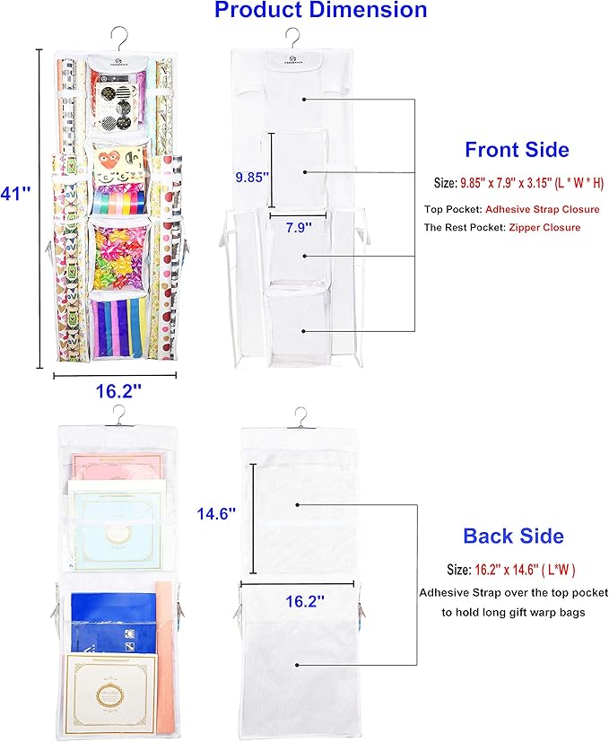 Double Sided Hanging Gift Wrap Organizer | Large 16" x 41" Wrapping Paper Rolls Storage Bag | Tearproof & Space Saving Closet Gift Bag Organization Solution | Sturdy Zippers & Robust Adhesive Strip