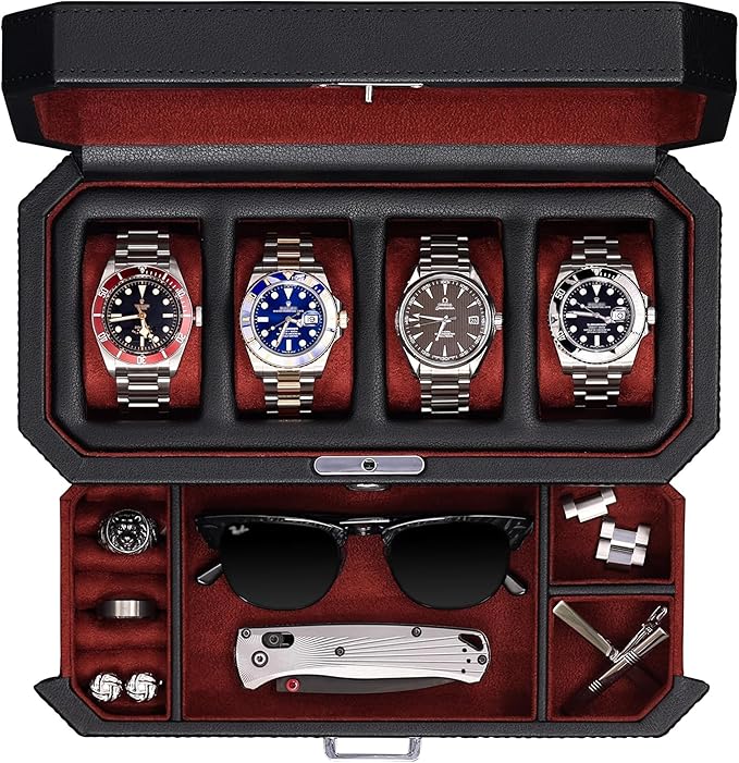 ROTHWELL 4 Slot Leather Watch Box with Valet Drawer - Luxury Case Display Jewelry Organizer, Locking Display Case Holder with Real Glass Top - Watch Box Organizer for Men & Women (Red)