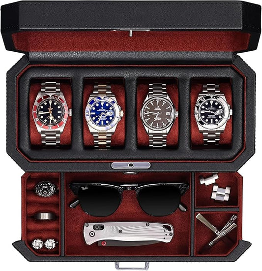ROTHWELL 4 Slot Leather Watch Box with Valet Drawer - Luxury Case Display Jewelry Organizer, Locking Display Case Holder with Real Glass Top - Watch Box Organizer for Men & Women (Red)