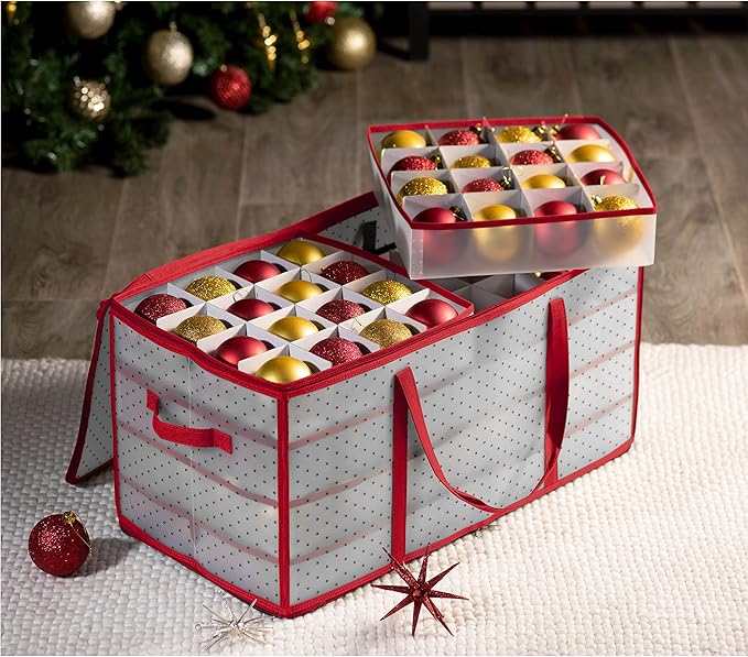 ZOBER Christmas Ornament Storage Box - Stores 128 Ornaments W/ 2 Sided Zipper - Flexible Plastic Christmas Ornament Storage Containers - 3 Inch Cube Compartments - Red