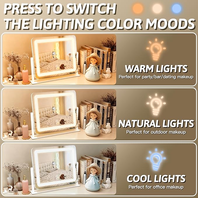 HNV 16"x12" Vanity Mirror with Lights, Hollywood Lighted Makeup Mirror with 10X Magnification, Smart Touch Control, 3 Color Dimmable LED, Square Frame Tabletop or Bathroom Dresser Mount (White)