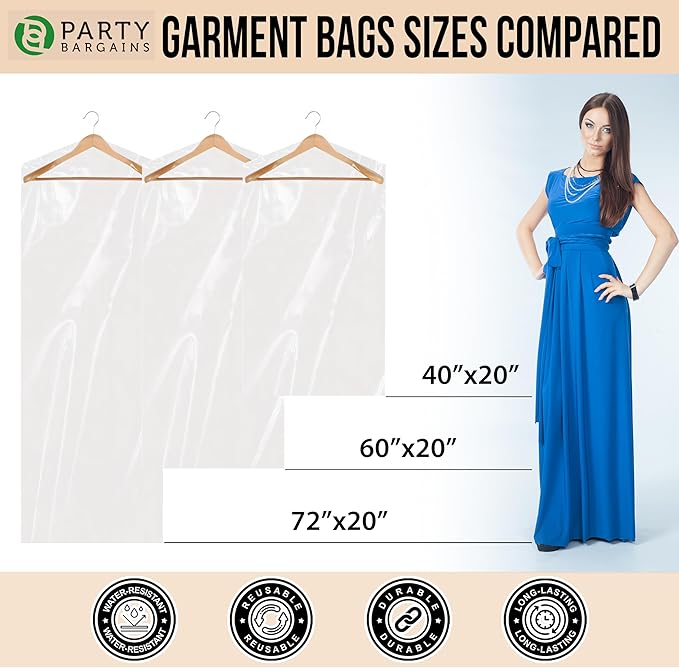 PARTY BARGAINS 40 x 20 Inch Disposable Clear Garment Bags, 100 Pack – Heavy-Duty Plastic Clothes Covers for Suits Dresses Coats, Closet & Travel