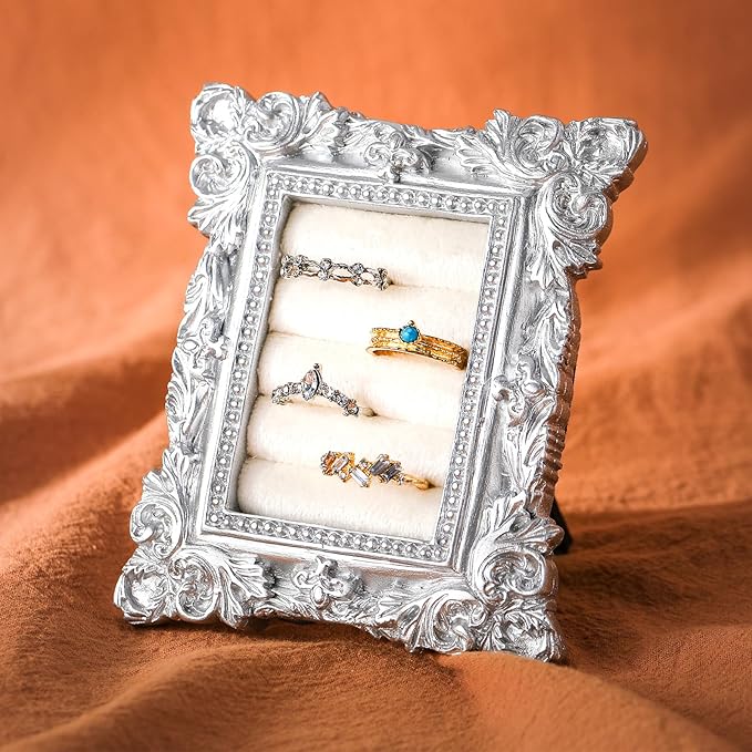 Vintage Ring Holder Rectangle Sliver Ring Display Stand Frame Earring Display Tray Anniversary Engagement Baroque Wedding Jewelry Organizer Photograph Prop for Women Christmas Gift