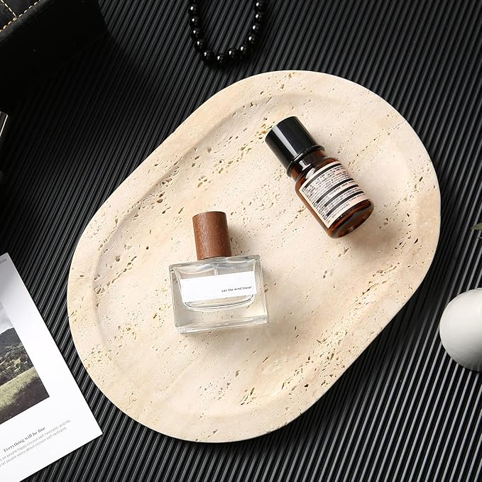 Natural Marble Decorative Tray Bathroom Counter Perfume Organizer Vanity Tray for Home Decor, Jewelry Candle, Coffee Table, Soap Holder Dresser Countertop Accessories 8"x11" Travertine