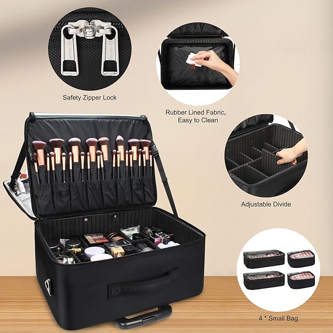 MONSTINA Rolling Train Case with Wheels, Extra Large Makeup Bag with 4 Bags Professional Hairdressing Bag Hairstylist Travel Bag Cosmetology Case on Wheels for Makeup Artist Hairstylist