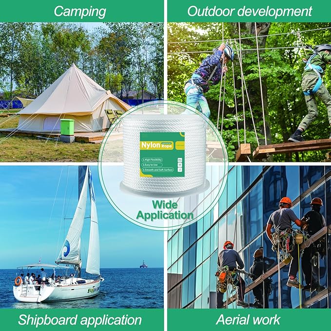 1/4 Inch Nylon Rope 500 Ft Solid Braid High UV and Abrasion Resistance, Multipurpose Tightly Braided Rope, Clothes Line, Flag Line, Marine and Outdoor Twine, Ideal for Indoor and Outdoor Applications