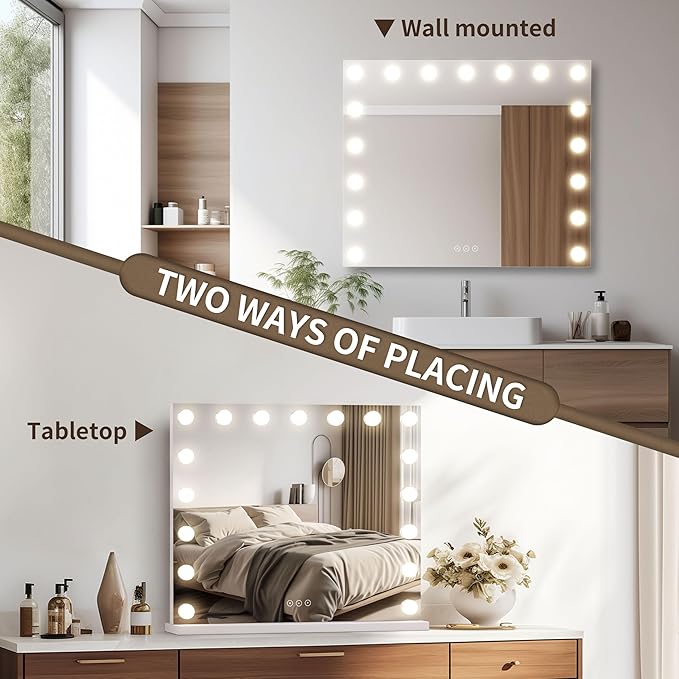 Vanity Mirror with Lights,Makeup Mirror with 17 Dimmable LED Bulbs, 3 Color Lighting Modes Detachable 10X Magnification Mirror Touch Control, 23.6X19,7 inch, White
