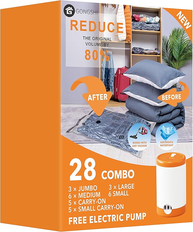 28 Pack Vacuum Storage Bags with Electric Pump, Space Saver Bag for Clothes, Mattress, Blanket, Duvets, Pillows, Comforters, Travel