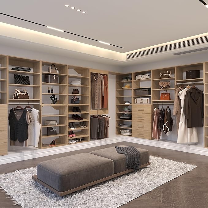 Tall Hanging Closet Unit, Modular System Organizer With Storage for Walk-In Closets, Clothing Rack Wardrobe for Hanging Clothes, Bedroom, Wood, 31.5"W