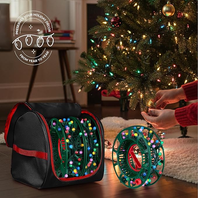 ZOBER Christmas Light Storage Reels - Christmas Light Organizer with 3 Plastic Wheels - 600D Oxford Fabric - Fits 200 Mini Lights per Spool, Lights Storage - Stitched Reinforced Handles - Black