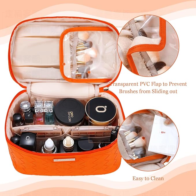 Dajasan Travel Makeup Bag, Travel Cosmetic Bag, Large Makeup Organizer Bag, Travel Toiletry Bag for Bottles, Brushes, Conditioner and Skin Care Products, 11.8 x 6.7 x 7.1 Inch (Orange)