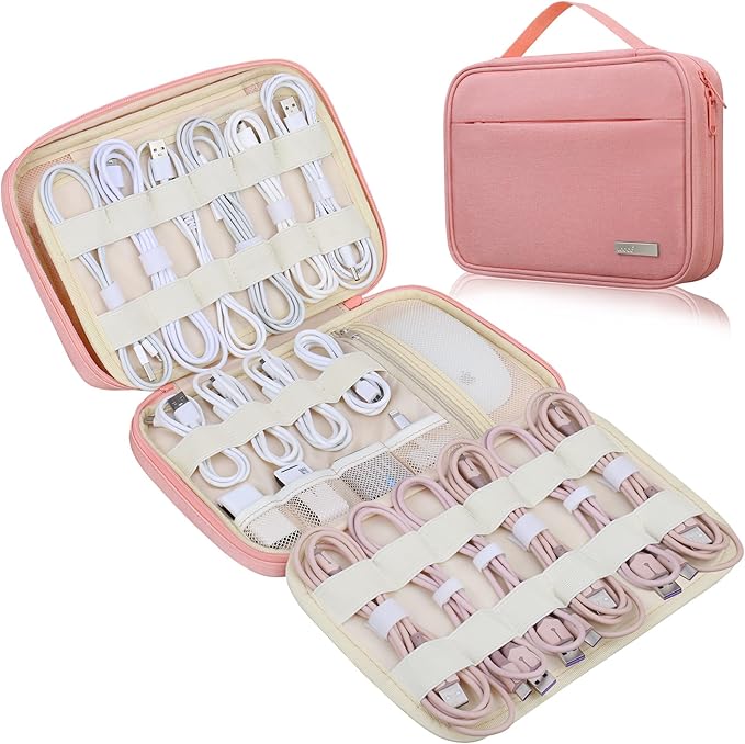 Lacdo Cord Organizer Travel, Cable Organizer Bag Case, Portable Electronics Organizer Travel Case, 6 Layer Large Capacity Charging Cords Storage organizer for Cables, SD Card, Travel Essentials, Pink