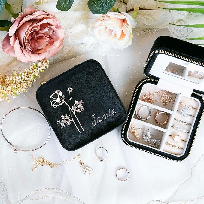 Customizable Compact Velvet Jewelry Box with Mirror, Travel Jewelry Case, Travel Jewelry Organizer, Jewelry Box for Women and Girls, Small Jewelry Organizer (Flower Design, Black)